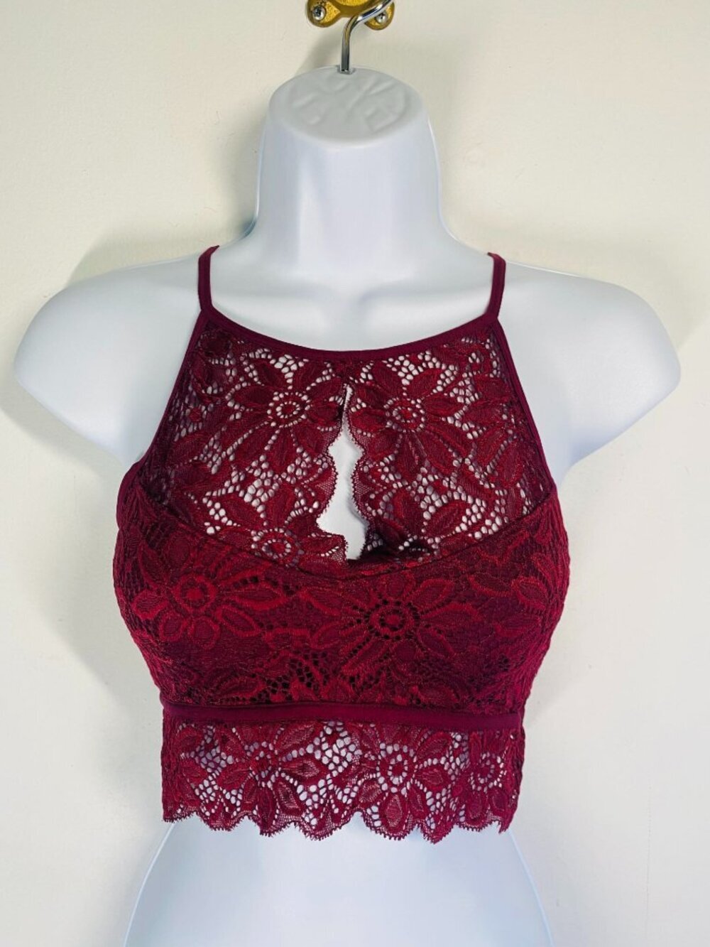 Zenana Lace Burgundy High-Neck Bralette With Floral Design Adjustable Closure